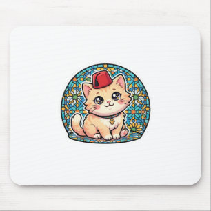 Cute Kawaii Moroccan Cat with Red Tarboush Fez Hat Mouse Pad