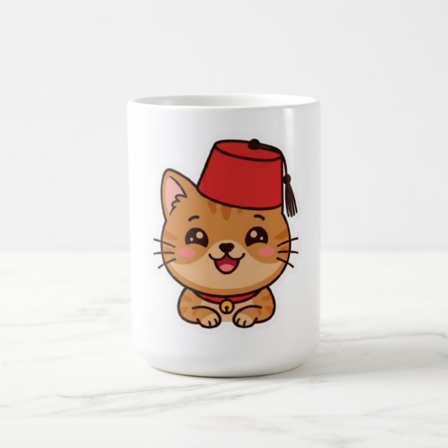 Cute Kawaii Moroccan Fez Hat Cat Sticker Coffee Mug (Center)