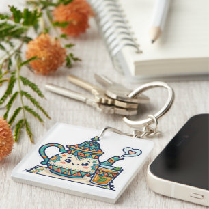 Cute Kawaii Moroccan Mint Teapot and Glass Art Car Key Ring