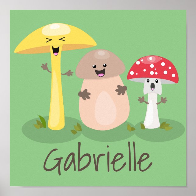 Cute kawaii mushroom fungi toadstool cartoon poster (Front)