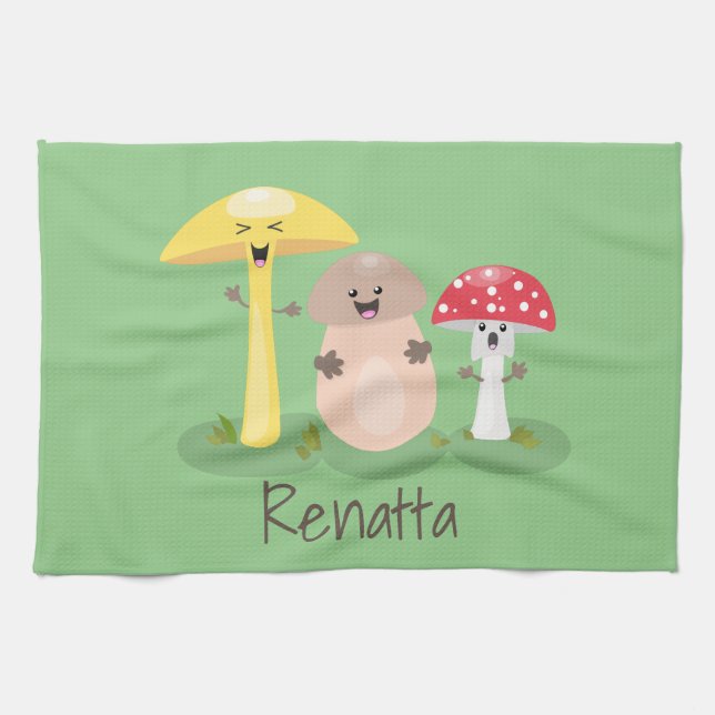 Cute kawaii mushroom fungi toadstool cartoon tea towel (Horizontal)