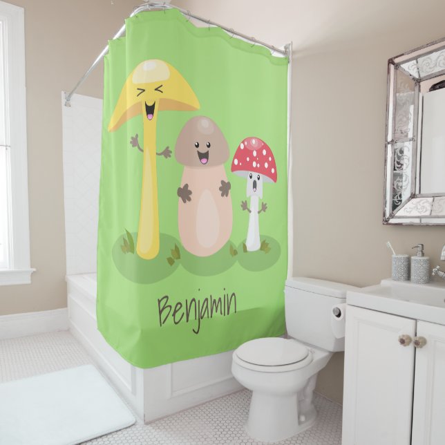 Cute kawaii mushroom fungi toadstool shower curtain (In Situ)