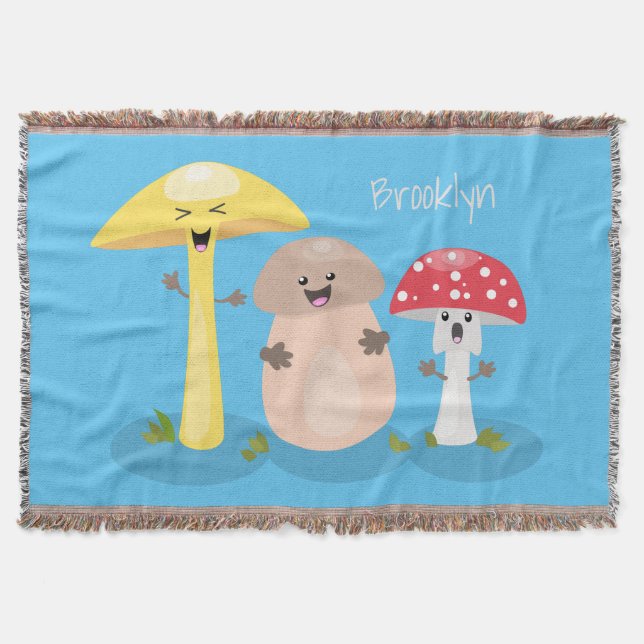 Cute kawaii mushroom fungi toadstool throw blanket (Front)