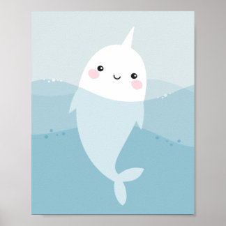 Cute kawaii narwhal swimming in soft blue waves poster