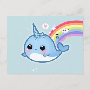 Cute kawaii narwhal with rainbow and sparkle stars postcard