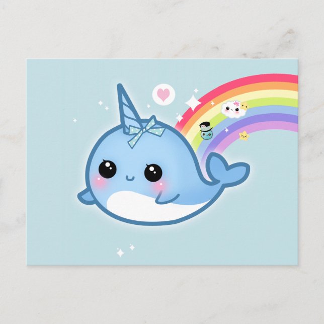 Cute kawaii narwhal with rainbow and sparkle stars postcard (Front)