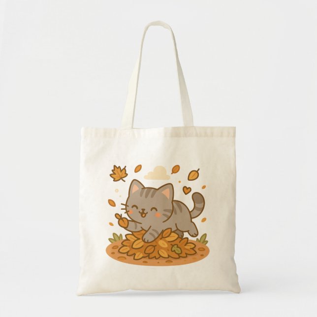 Cute Kawaii Naughty Kitty Cat Fall Autumn Tote Bag (Front)