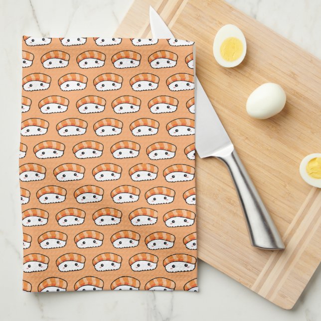 Cute Kawaii Nigiri Sushi Seamless Pattern Tea Towel (Quarter Fold)