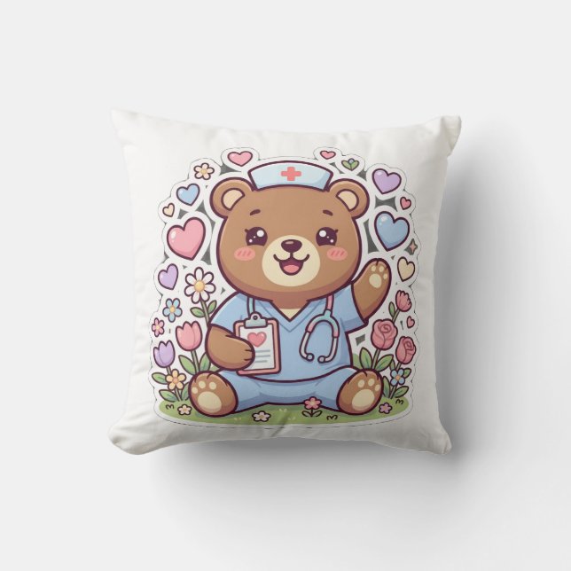 Cute Kawaii Nurse Teddy Bear Throw Pillow Gift (Front)