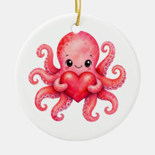 Cute Kawaii Octopus Holding Heart Ceramic Tree Decoration