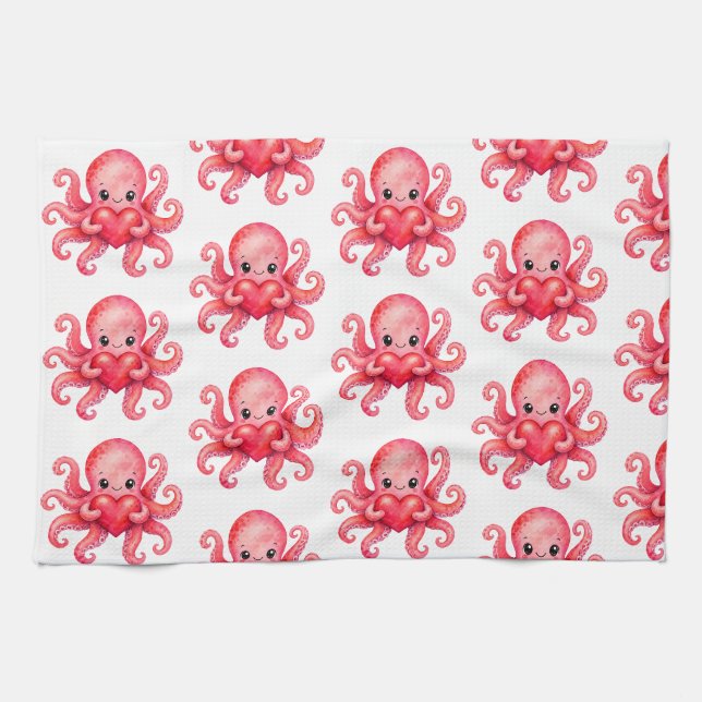 Cute Kawaii Octopus Holding Heart Tea Towel (Horizontal)