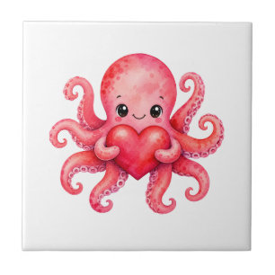 Cute Kawaii Octopus Holding Heart Tile
