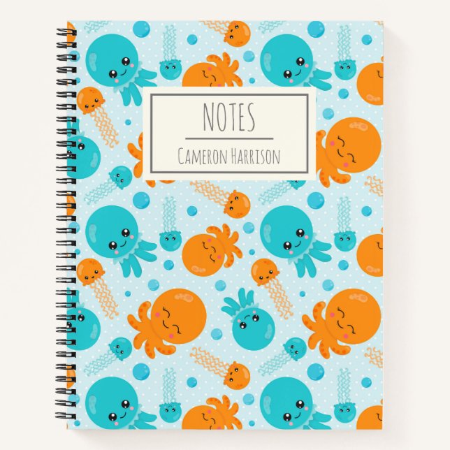 Cute Kawaii Octopus Pattern in Blue Personalised Notebook (Front)