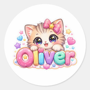 Cute Kawaii Oliver Cat Name Pastel Pink Sparkling  Classic Round Sticker