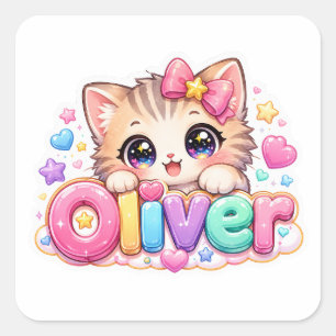 Cute Kawaii Oliver Cat Name Pastel Pink Sparkling  Square Sticker