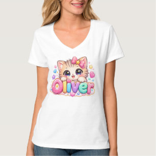 Cute Kawaii Oliver Cat Name Pastel Pink Sparkling  T-Shirt