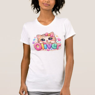 Cute Kawaii Oliver Cat Name Pastel Pink Sparkling  T-Shirt