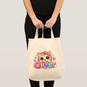 Cute Kawaii Oliver Cat Name Pastel Pink Sparkling  Tote Bag
