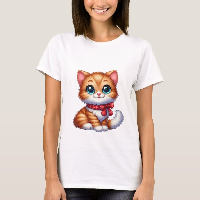 Cute Kawaii Orange Kitten Red Plaid Bow Magic Cat  T-Shirt (Front)