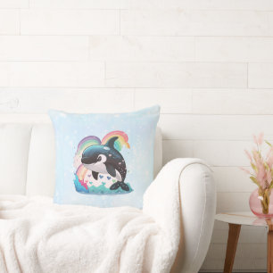 Cute Kawaii Orca Killer Whale Rainbows Butterflies Cushion