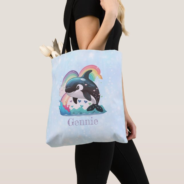Cute Kawaii Orca Killer Whale Rainbows Butterflies Tote Bag (Close Up)