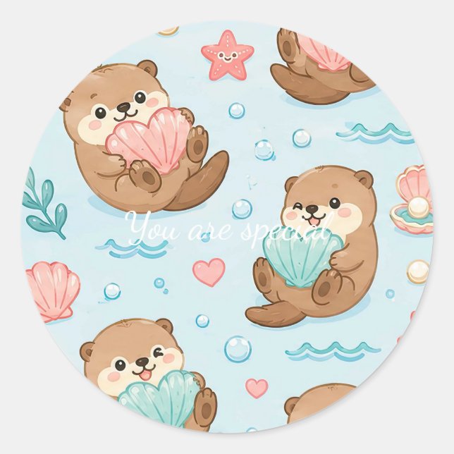 Cute Kawaii Otter Heart Seashell Pattern Classic Round Sticker (Front)