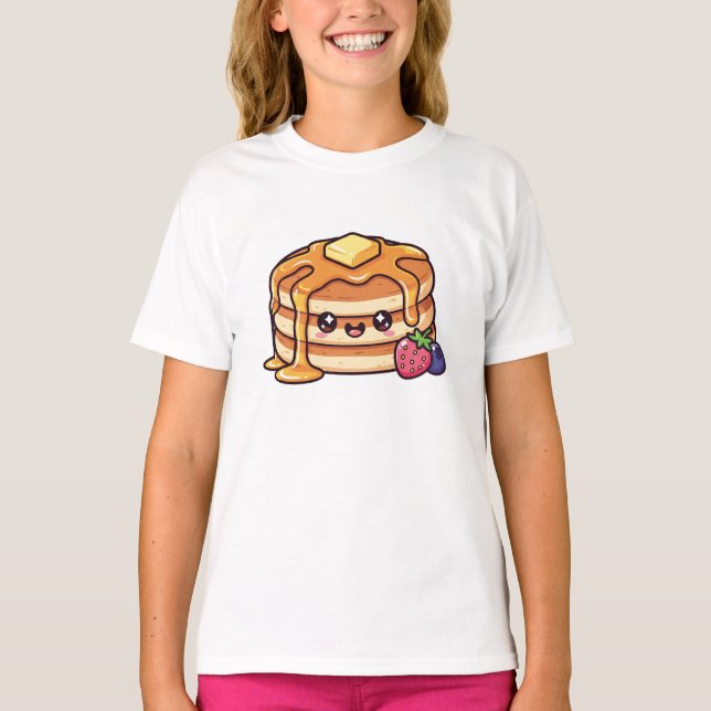 Cute Kawaii Pancake Stack with Syrup and Berries T-Shirt (Front)