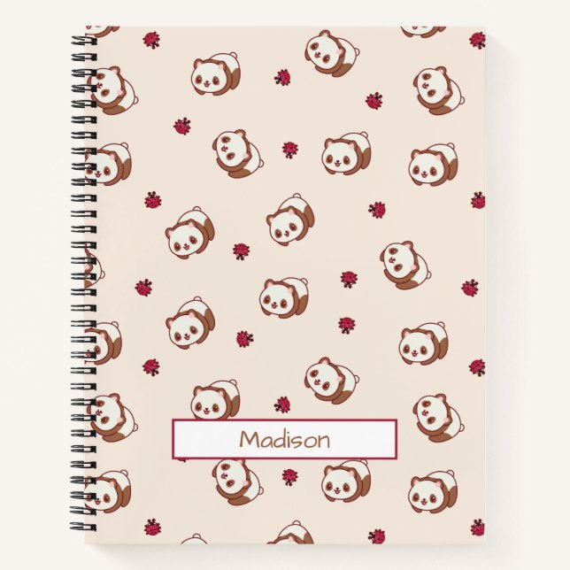 Cute Kawaii Panda Beige Pattern Personalised Notebook (Front)