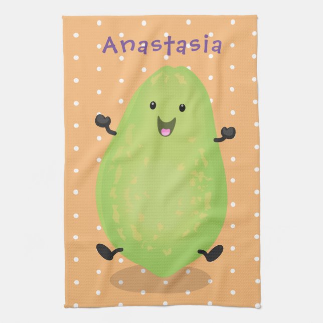 Cute kawaii papaya paw paw cartoon illustration tea towel (Vertical)