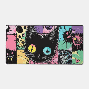 Cute Kawaii Pastel Goth Patchwork Creepy Cat Desk Mat