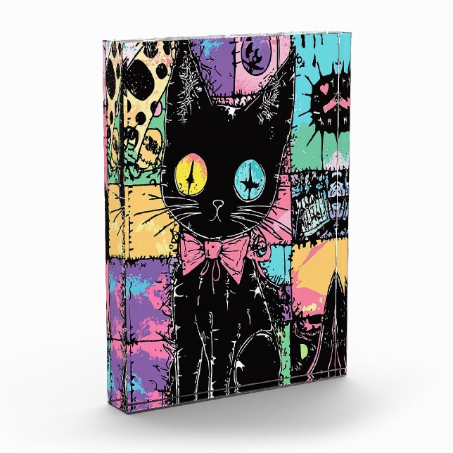 Cute Kawaii Pastel Goth Patchwork Creepy Cat Photo Block (Left)