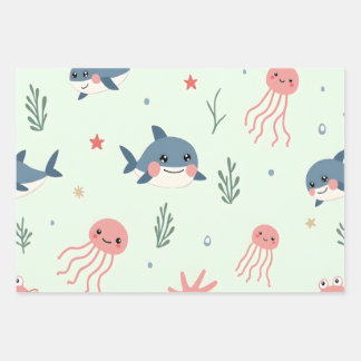 Cute Kawaii Pastel Ocean Animals Wrapping Paper Sheet