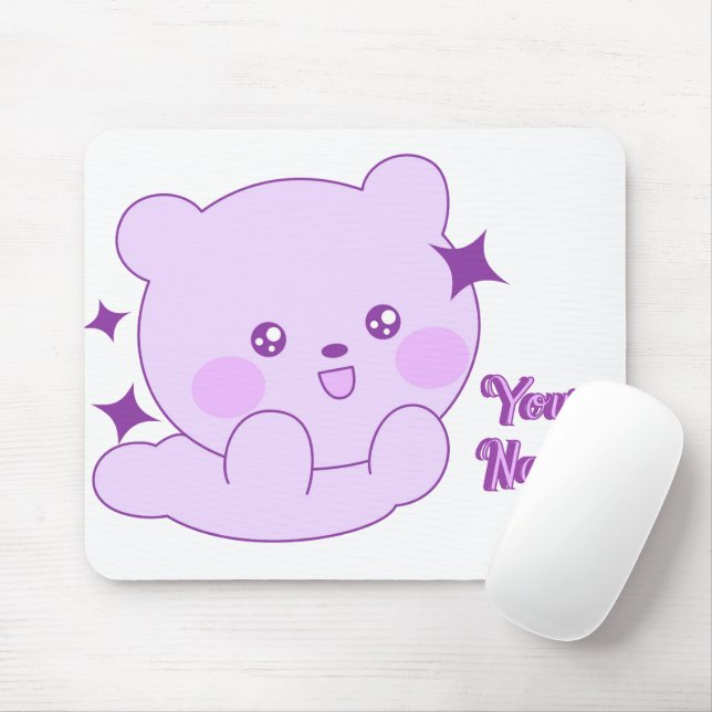 Cute Kawaii Pastel Purple Custom Name Bear Mouse Pad (With Mouse)