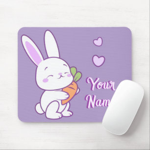 Cute Kawaii Pastel Purple Custom Name Bunny Carrot Mouse Pad