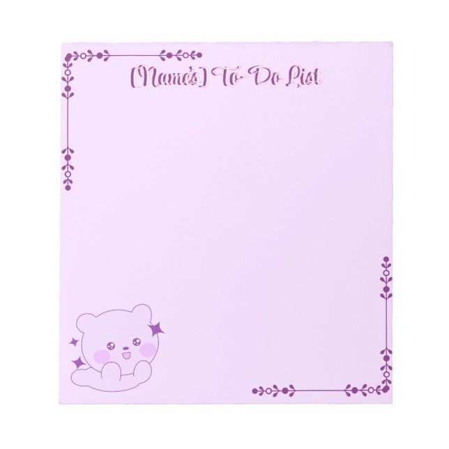 Cute Kawaii Pastel Purple Sparkle Bear Cub Custom Notepad (Front)
