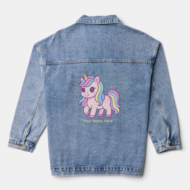 Cute Kawaii Pastel Unicorn Rainbow Girls Birthday  Denim Jacket (Back)