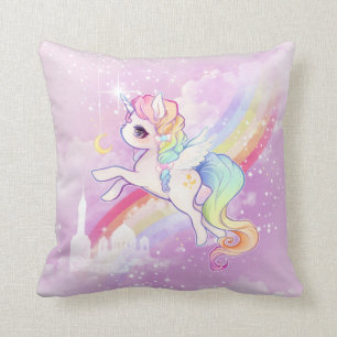 Cute kawaii pastel unicorn with rainbow and castle cushion