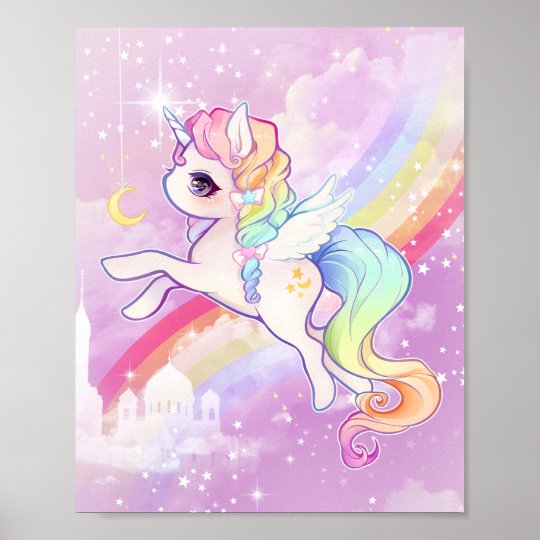 Cute Kawaii Pastel Unicorn With Rainbow And Castle Poster Zazzle Co Nz