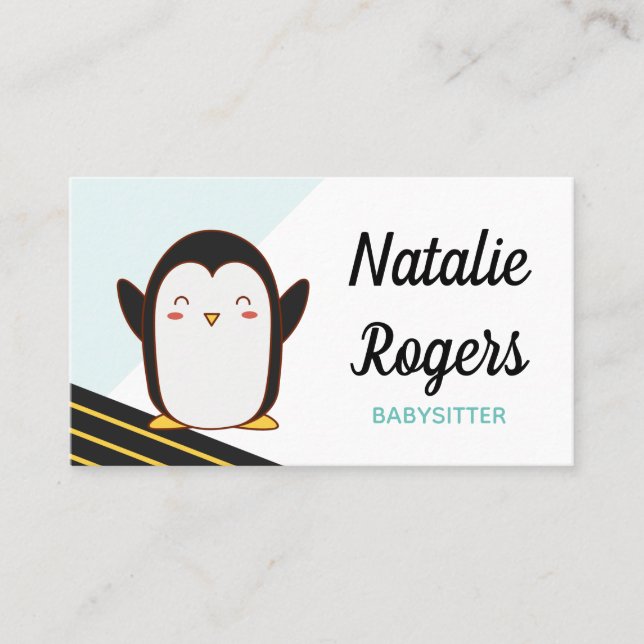 Cute Kawaii Penguin Babysitter Nanny Daycare Kids Business Card (Front)