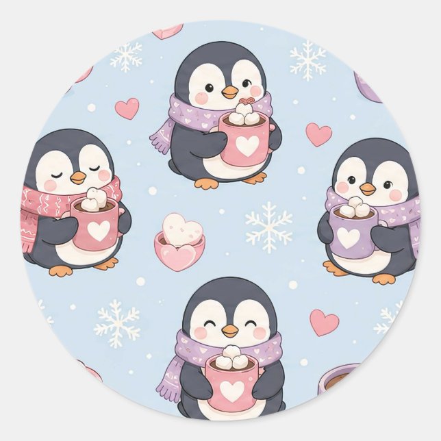 Cute Kawaii Penguin Hot Cocoa Pattern Classic Round Sticker (Front)