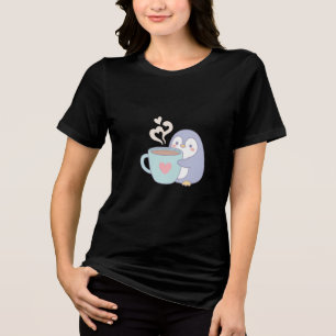 Cute Kawaii Penguin Hugging Coffee Cup with Hearts Tri-Blend Shirt