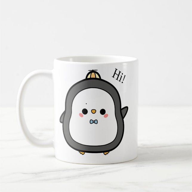 Cute Kawaii Penguin Saying Hi Coffee Mug (Left)