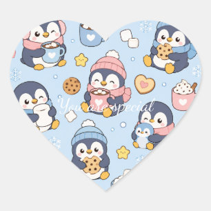 Cute Kawaii Penguin Winter Pattern Cozy Hot Coco Heart Sticker