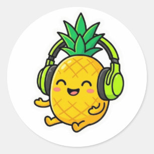 Cute Kawaii Pineapple Wearing Headphones SuSticker Classic Round Sticker