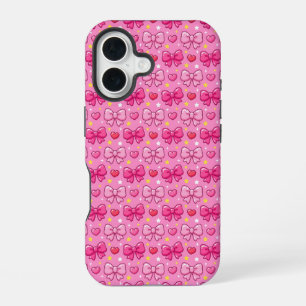 Cute Kawaii Pink Bows Hearts Stars Pattern iPhone 16 Case