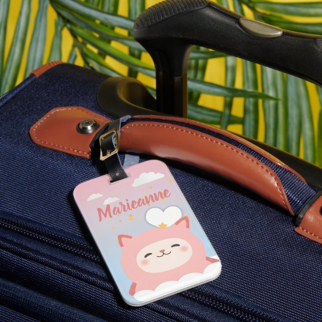 Cute Kawaii Pink Cat Luggage Tag (Front Insitu 1)