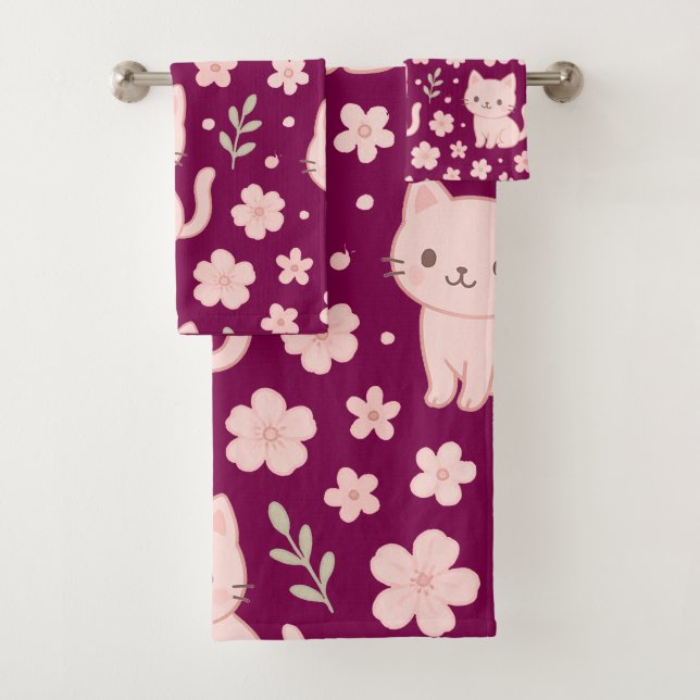 Cute Kawaii Pink Cats and Flowers Towel Set (Insitu)