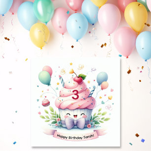 Cute Kawaii Pink Cupcake Happy Birthday  Card