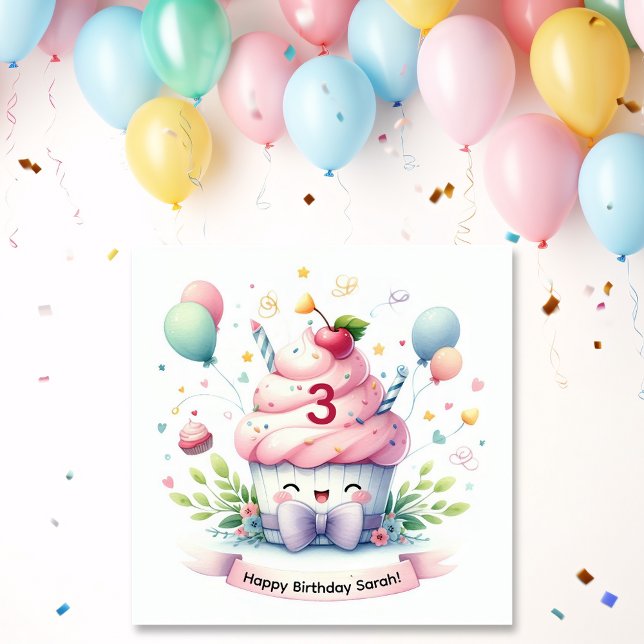 Cute Kawaii Pink Cupcake Happy Birthday  Card (Creator Uploaded)