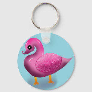 Cute Kawaii Pink Duck & Hearts Nursery Art Key Ring